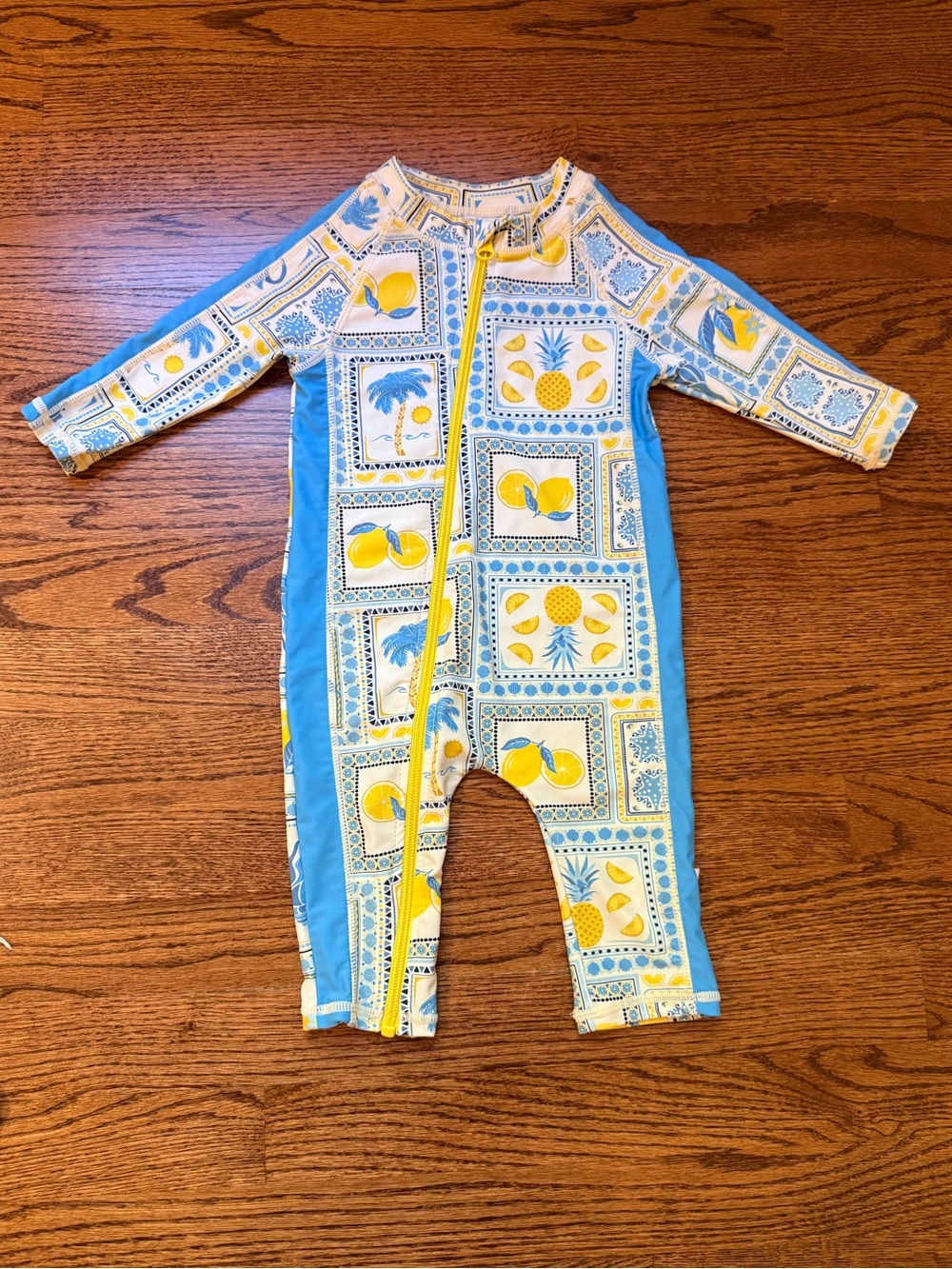 SwimZip Long Sleeve Romper Swimsuit in Mediterranean Lemons 6-12 Months